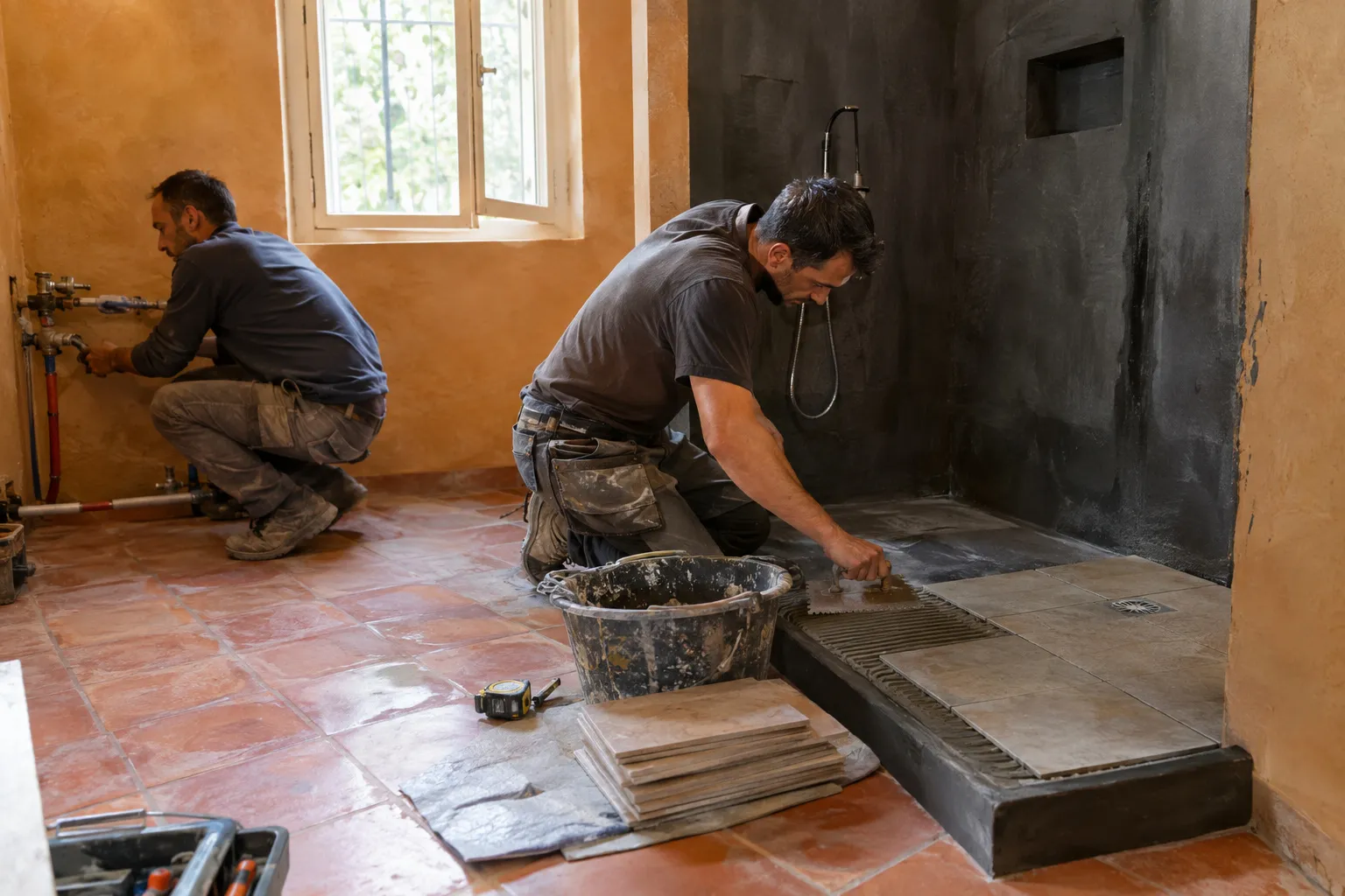 Nos artisans posent l’étanchéité et le carrelage d’une douche de plain-pied