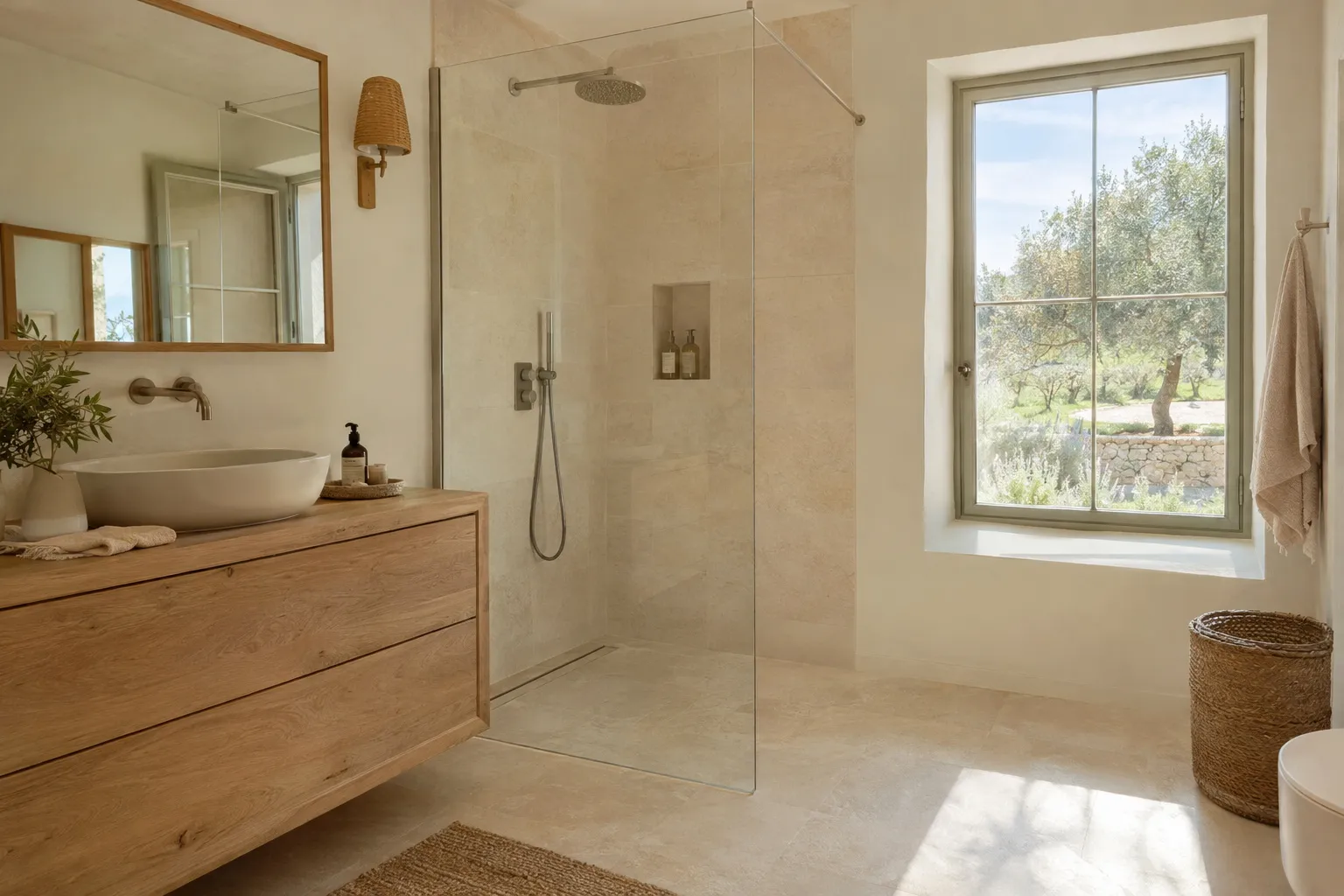 Salle de bain rénovée dans une bastide aixoise : douche de plain-pied, carrelage clair et meuble vasque en bois, lumière naturelle de Provence.
