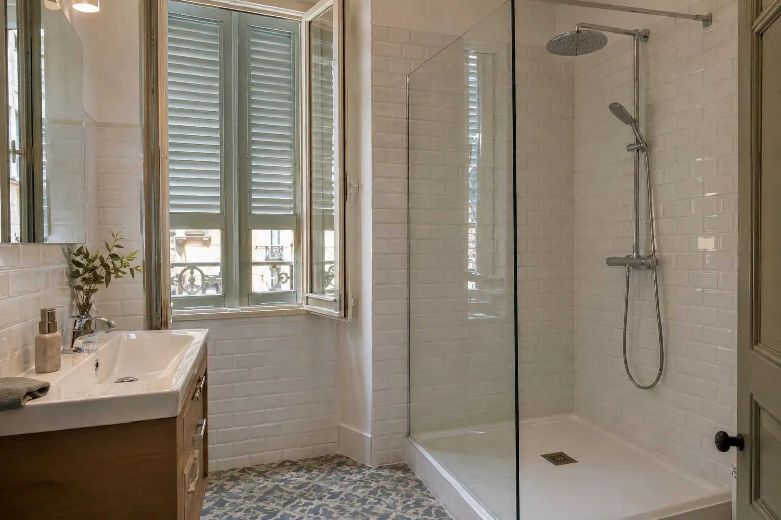 Douche carrelée installée à la place d’une baignoire dans un appartement d’Aix-en-Provence, paroi vitrée et receveur plat.