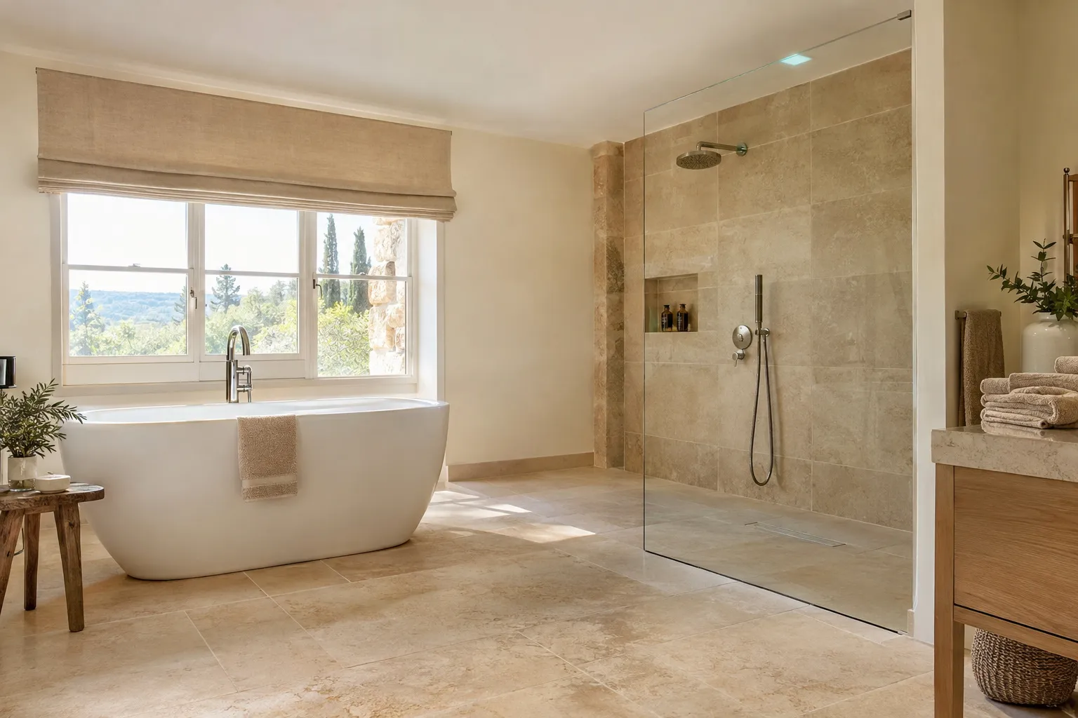 Salle de bain où une douche de plain-pied et une baignoire îlot sont présentées côte à côte pour comparer les deux options.
