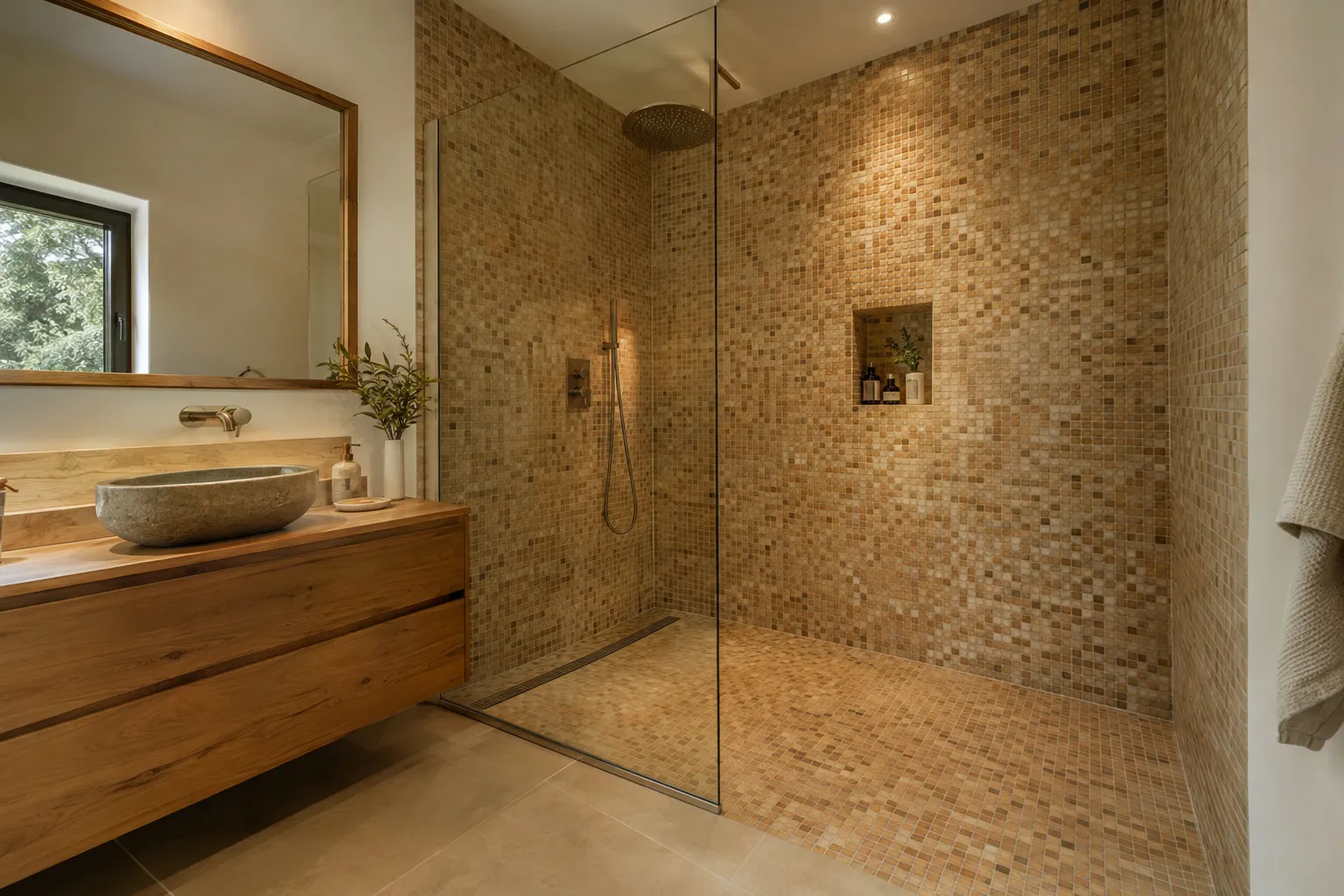 Douche à l’italienne de plain-pied avec caniveau, carrelage grand format gris clair et paroi vitrée fixe.