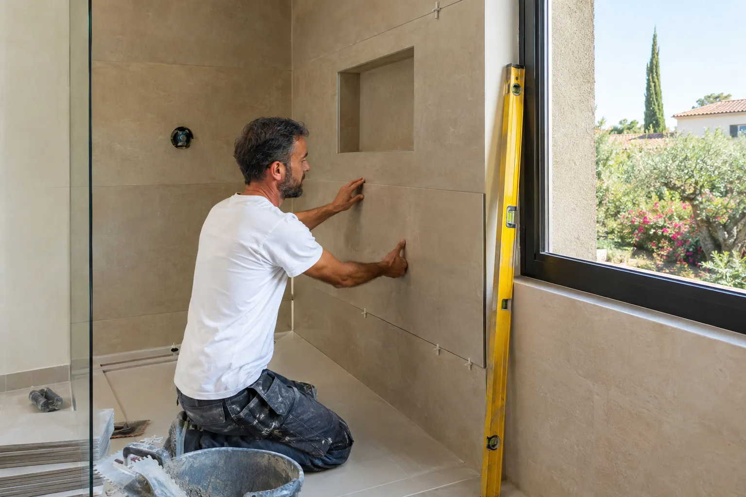 Douche de plain-pied terminée dans une maison de Meyreuil, carrelage mat, niche murale et robinetterie noire.