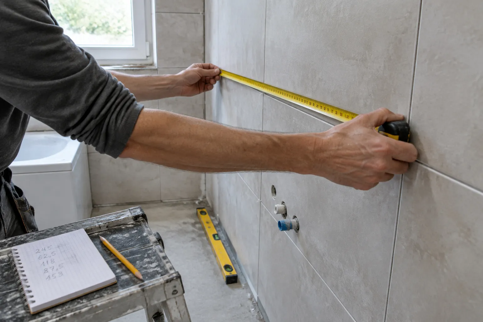 Artisan qui relève les cotes d’un mur carrelé de salle de bain au mètre, niveau posé au sol et carnet de mesures sur un escabeau.
