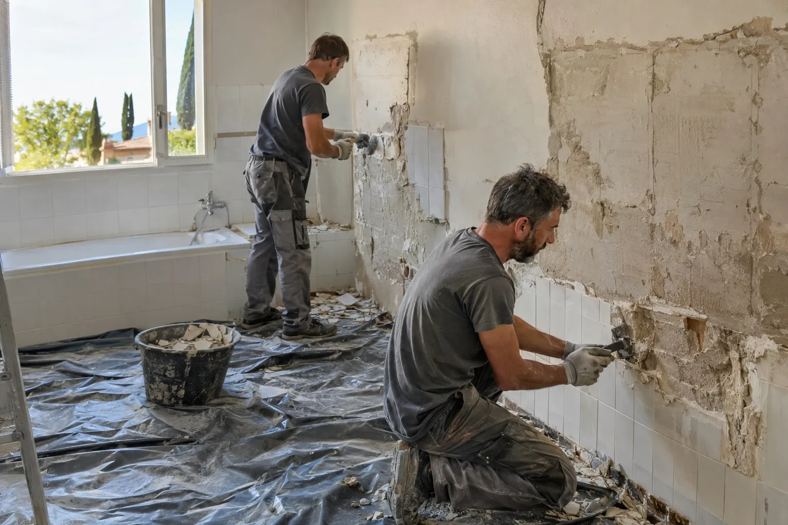 Salle de bain en chantier après la dépose de l’ancien décor, murs mis à nu et arrivées d’eau apparentes