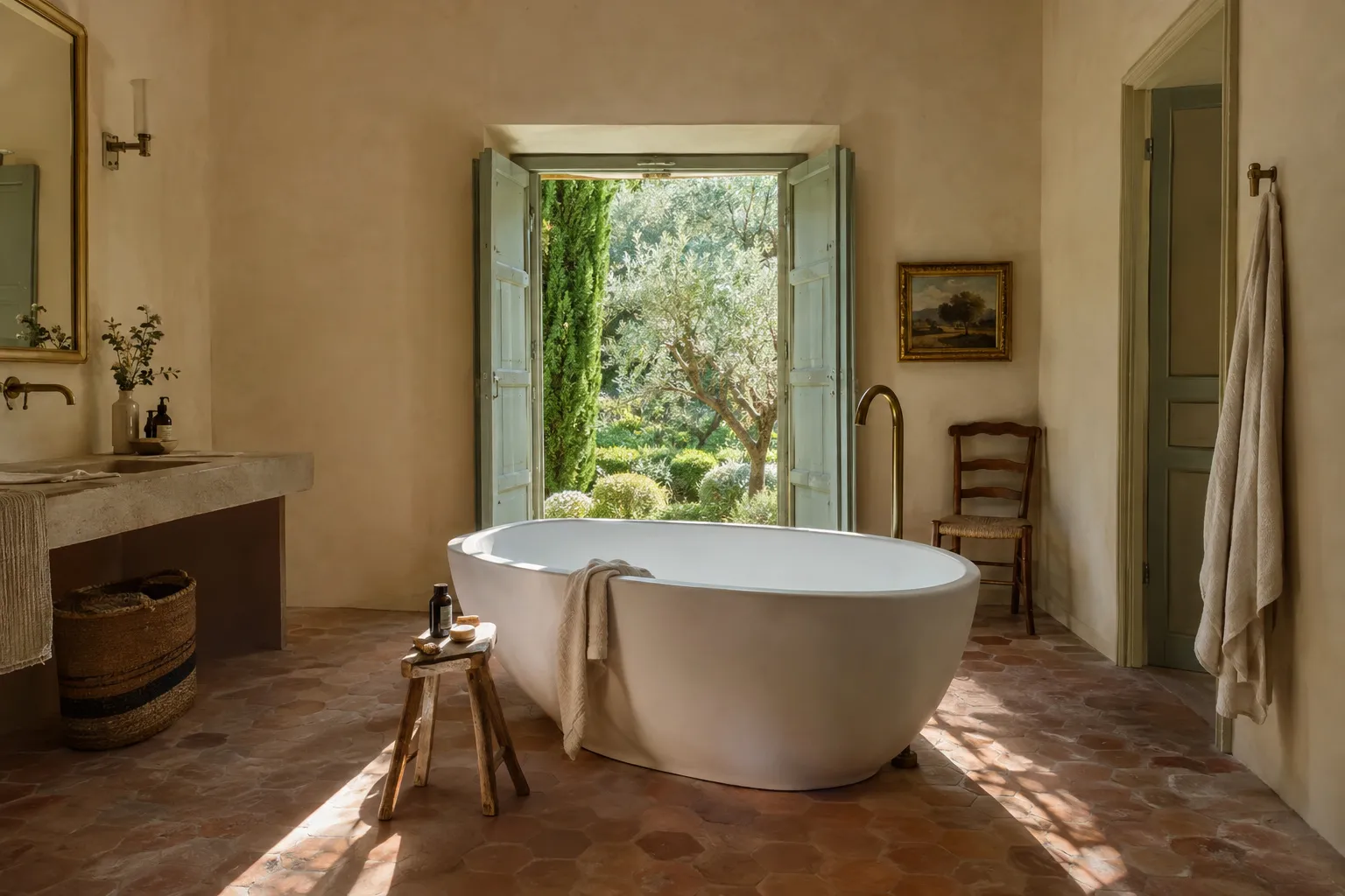 Salle de bain de bastide terminée : baignoire îlot, tomettes, plan vasque en pierre et fenêtre ouverte sur le jardin