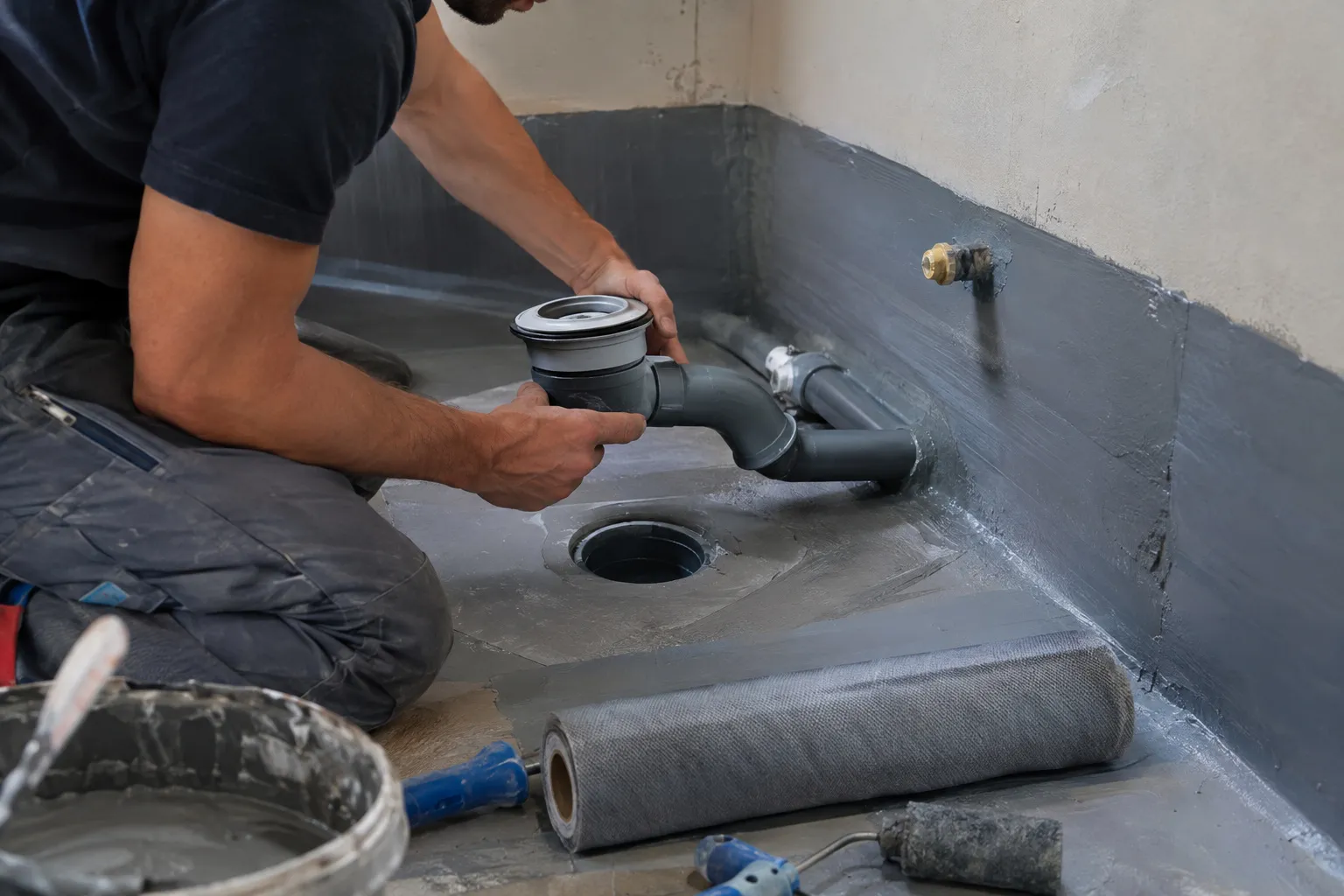 Plombier reprenant l’étanchéité et les évacuations avant la pose d’une douche