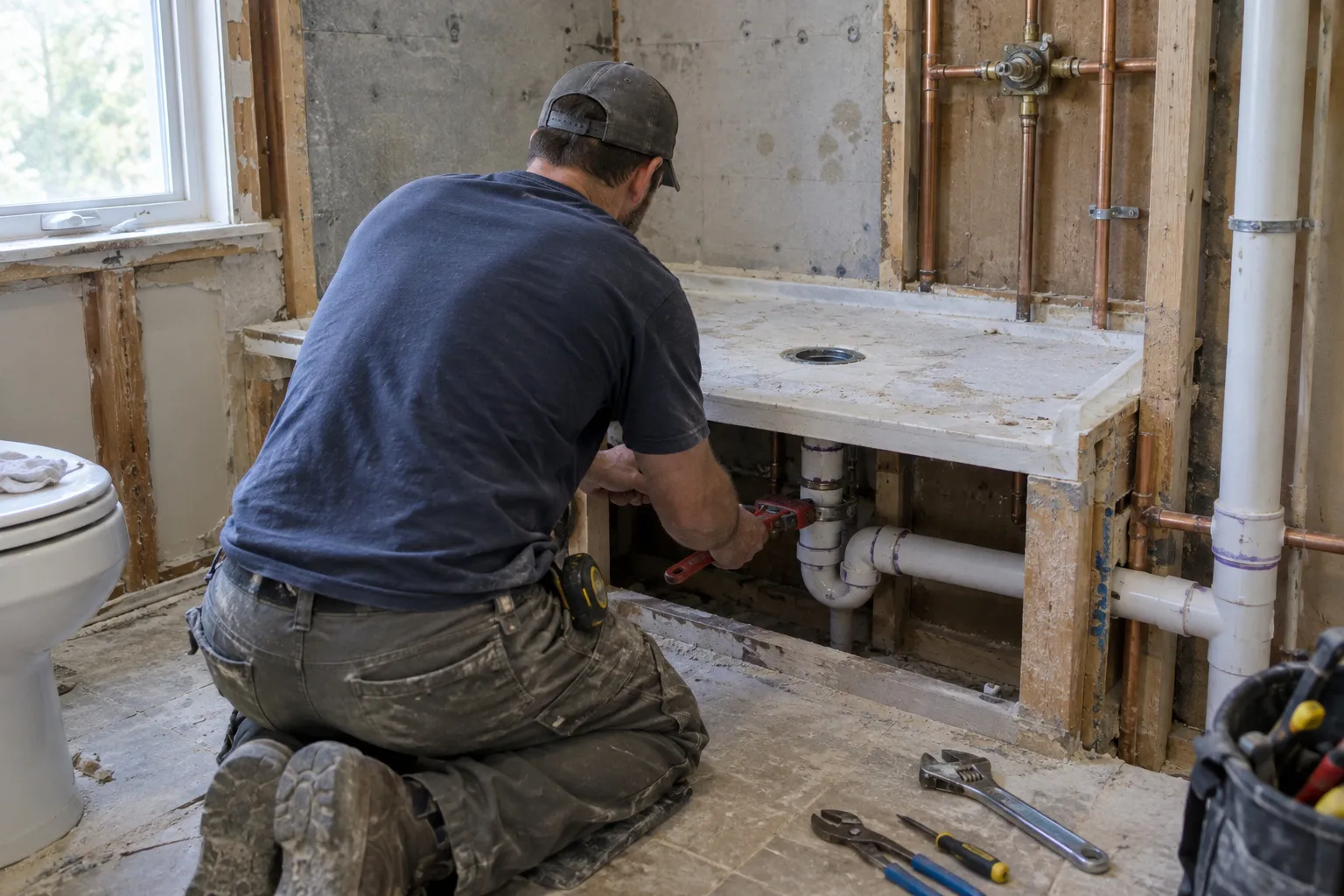 Plombier de dos, à genoux dans une salle de bain en chantier, qui raccorde une évacuation sous un receveur de douche, tuyaux cuivre et PVC apparents.