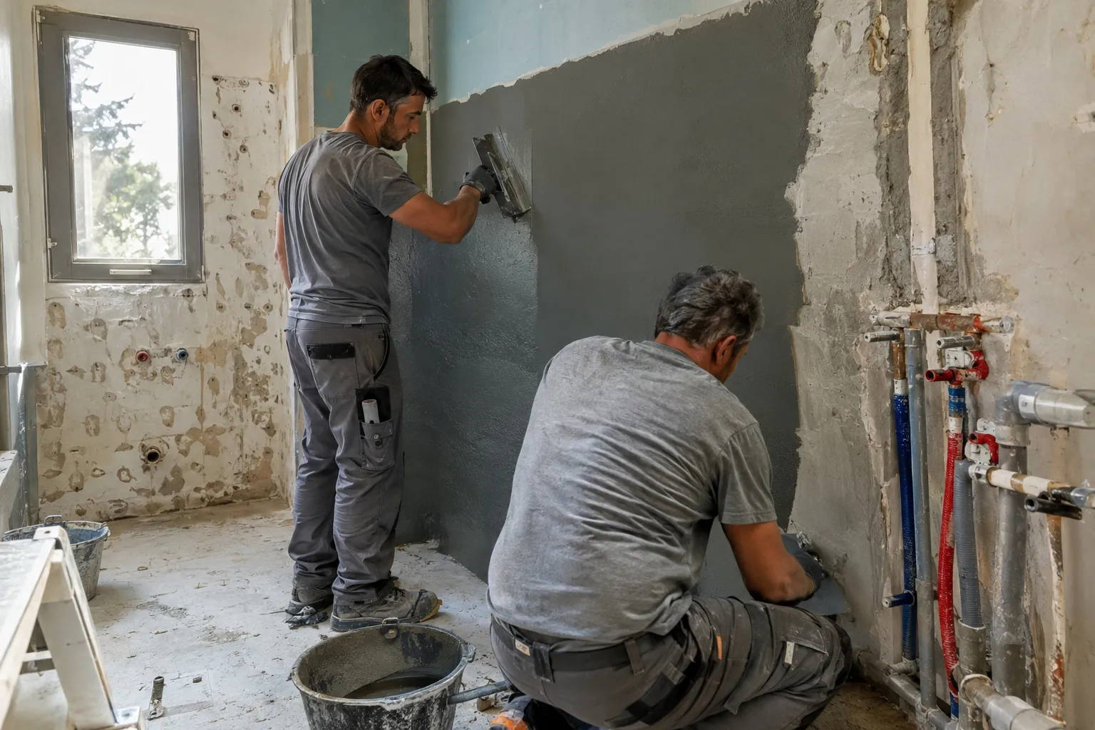 Chantier de rénovation complète d’une salle de bain : ancienne pièce déposée, murs repris et réseaux apparents avant la pose du nouveau décor.