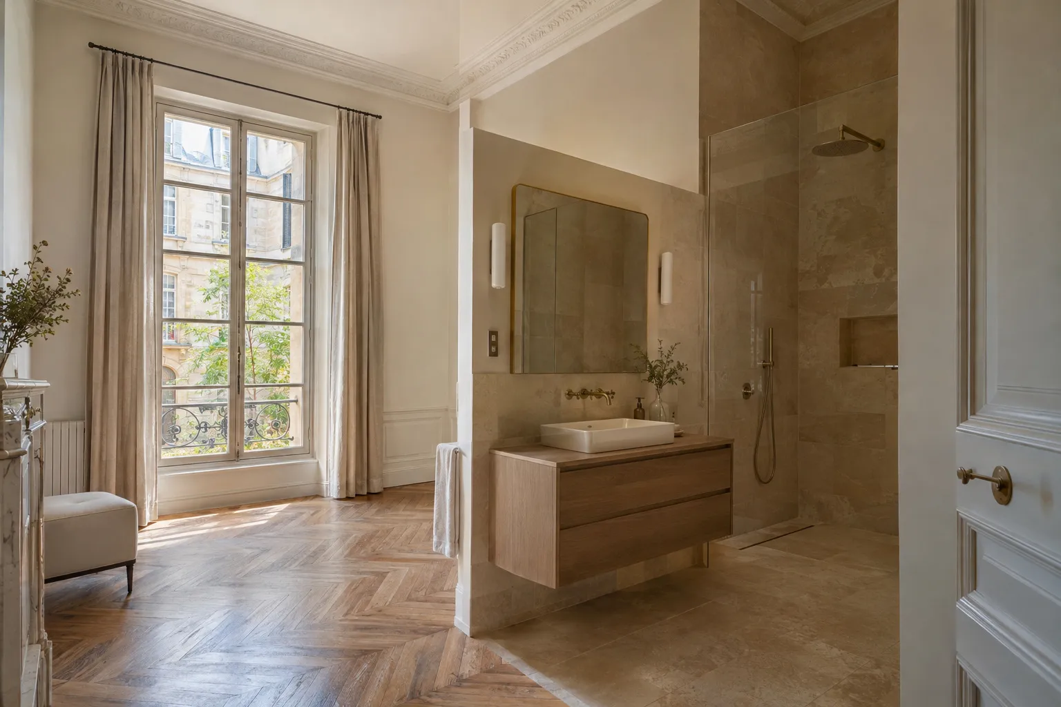 Salle de bain rénovée dans un appartement du centre ancien d’Aix-en-Provence, avec poutres, carrelage clair et douche vitrée.