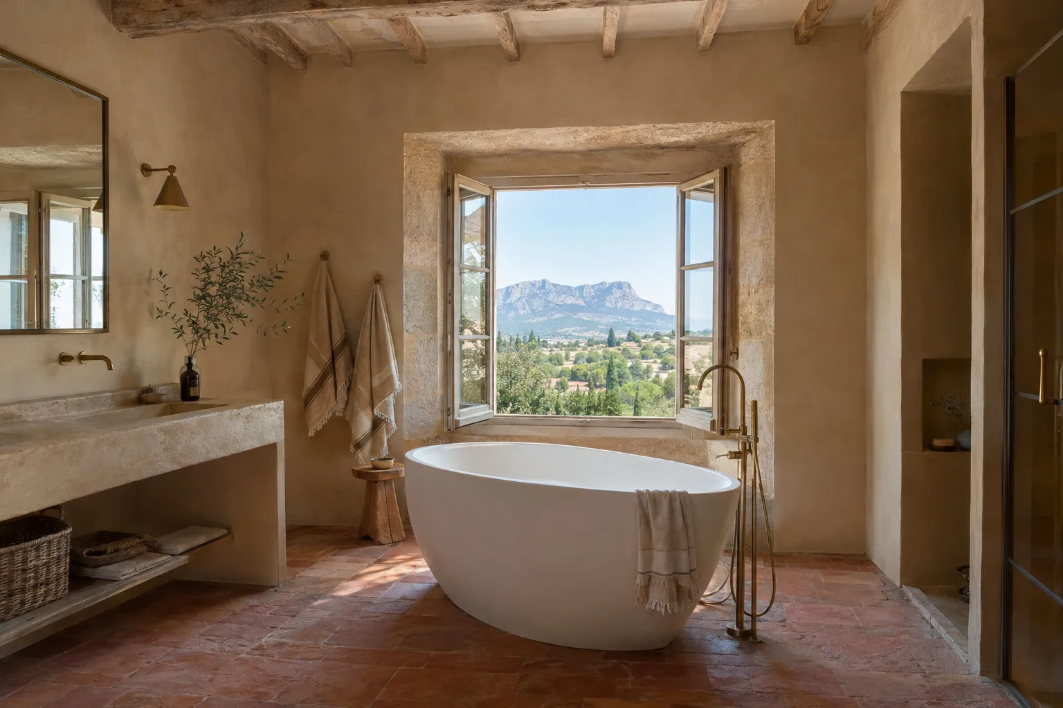 Salle de bain terminée dans une maison de pierre près du Tholonet, avec douche, vasque en pierre claire et carrelage tons sable.