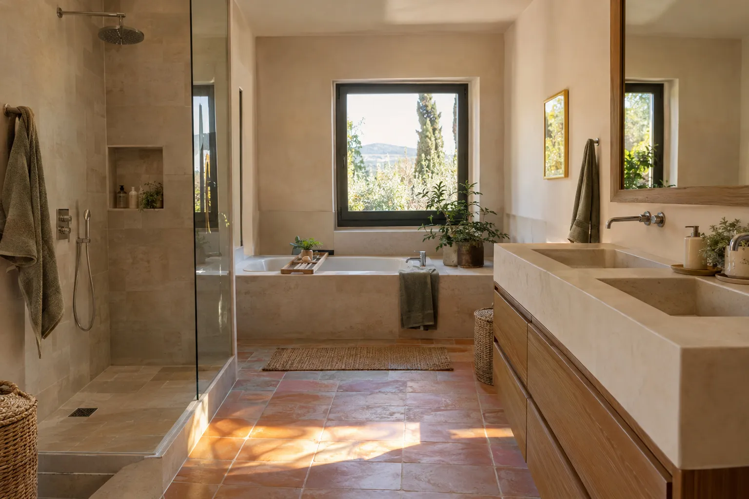 Salle de bain rénovée aux Milles : douche vitrée, baignoire encastrée, sol en tomettes et meuble en bois à double vasque de pierre.