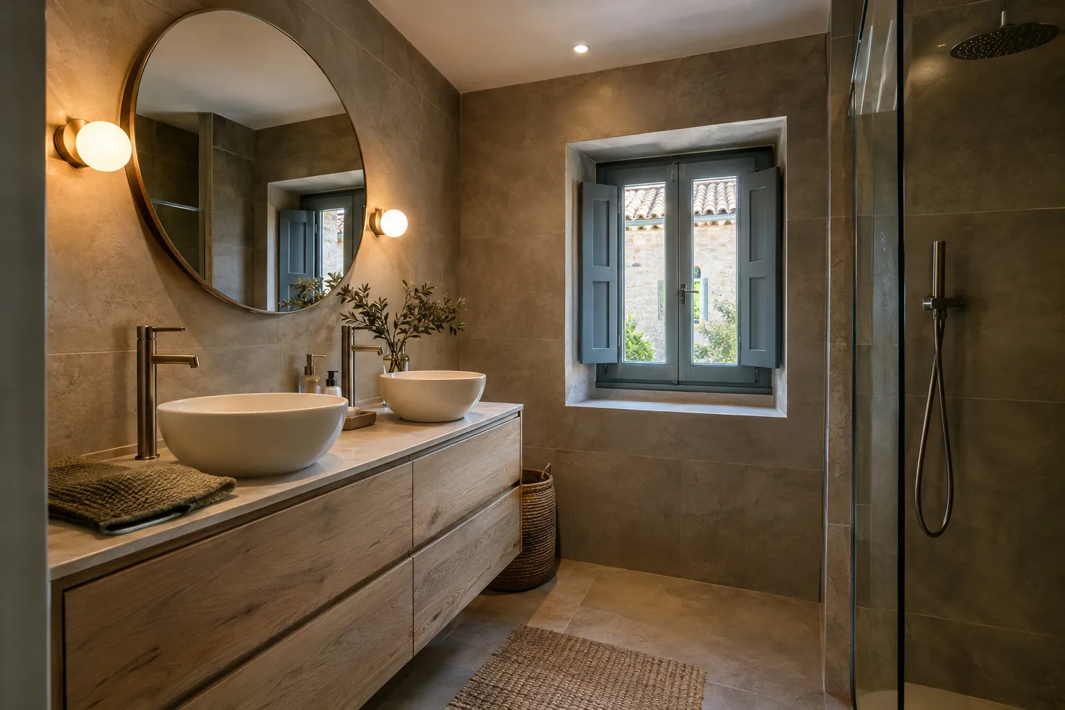 Salle de bain rénovée dans une maison de Luynes, murs enduits clairs, douche vitrée et meuble vasque en bois.